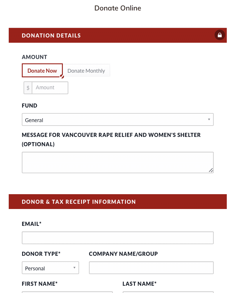 A Preview of what the donate form looks like